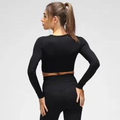 Black Ribbed Seamless Long Sleeved Crop Top