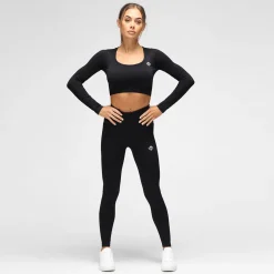 Black Ribbed Seamless Long Sleeved Crop Top